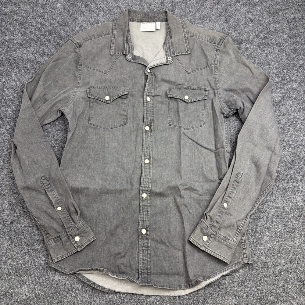 ASOS DESIGN Mens Gray Denim Western Shirt Large Snap Button Cowboy Long Sleeve